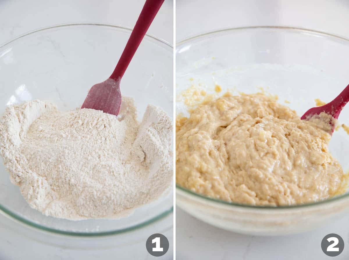 Making batter for banana toffee muffins.