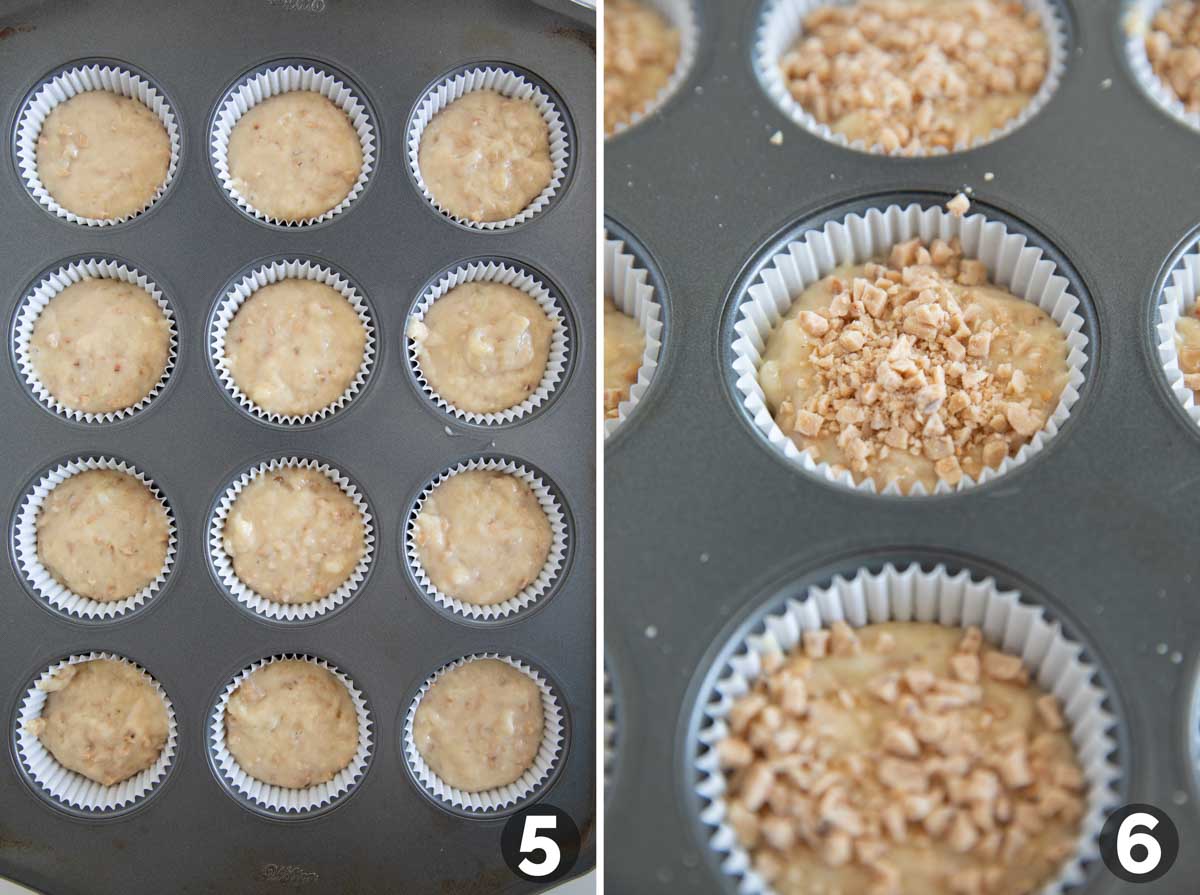 Filling muffin cups with batter and adding toffee pieces on top.