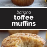 Banana Toffee Muffins collage with text bar in the middle.