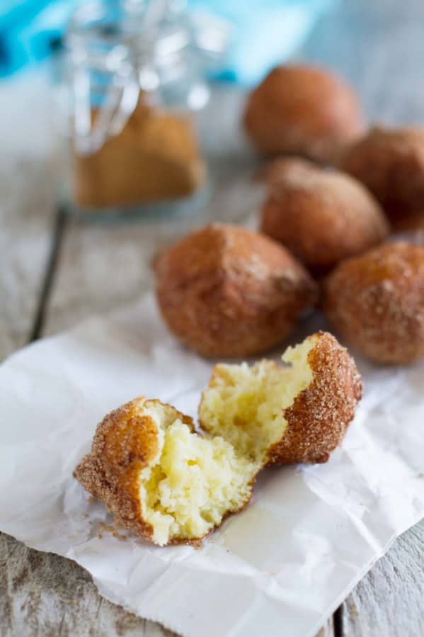Ricotta Doughnut broken in half.