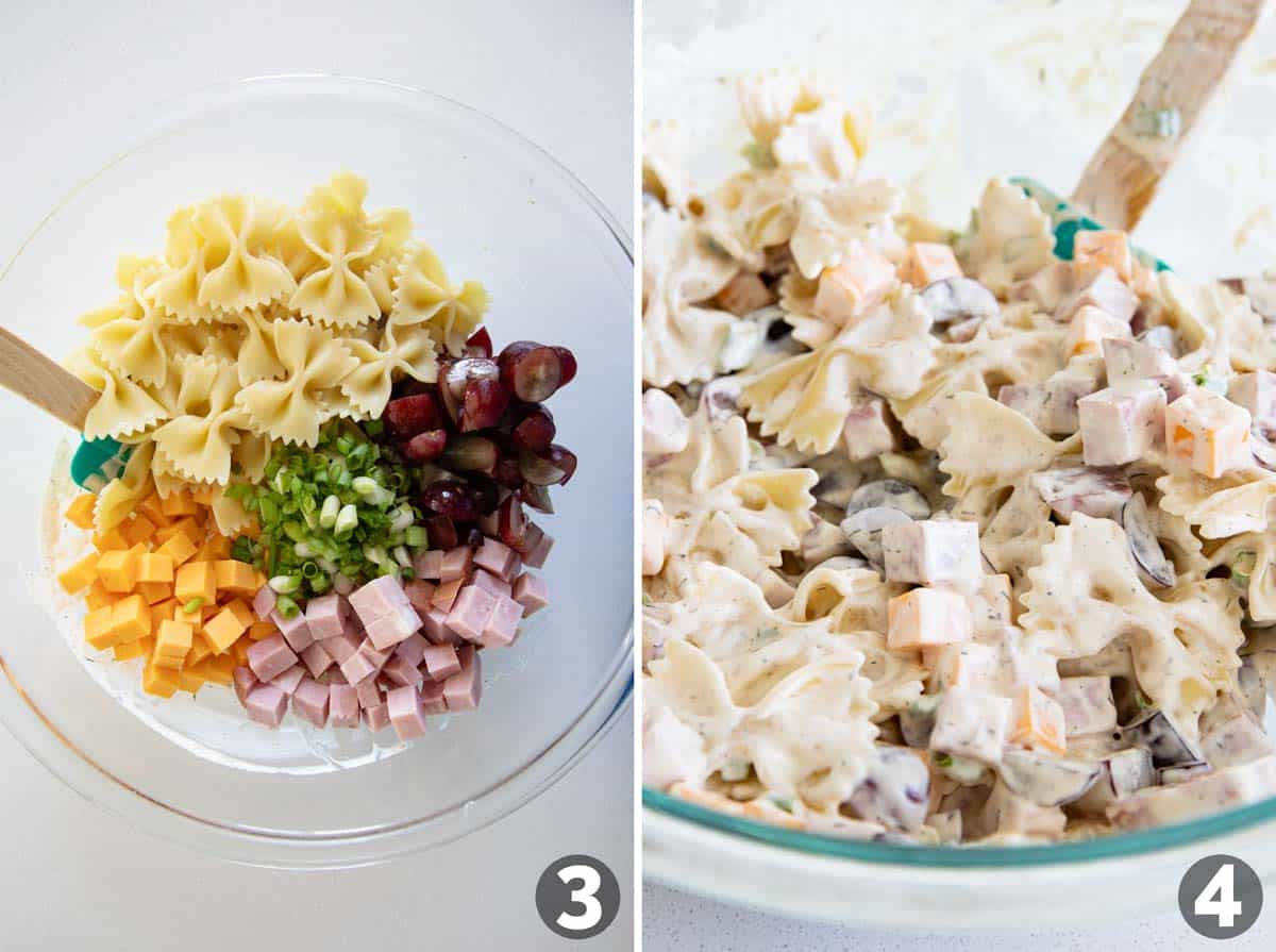 Mixing ingredients for Bow Tie Pasta Salad.