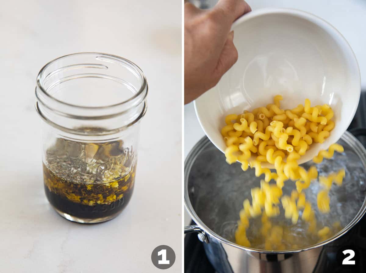 Making balsamic vinaigrette and boiling pasta for pasta salad.