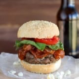 Chipotle Honey BBQ Burger with blue cheese stuffed hamburger patty.