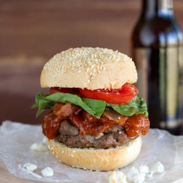 Chipotle Honey BBQ Burger with blue cheese stuffed hamburger patty.
