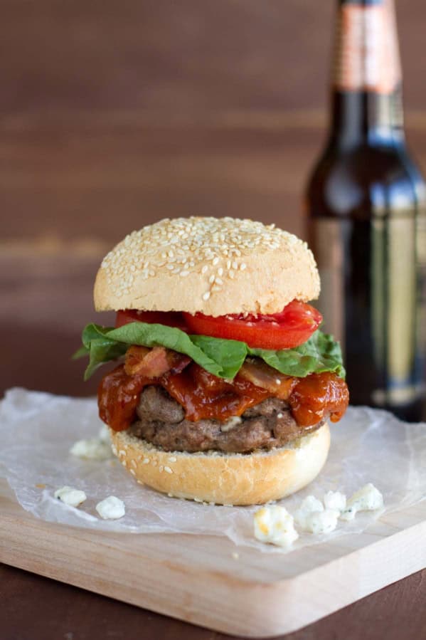 Chipotle Honey BBQ Burger with blue cheese stuffed hamburger patty.