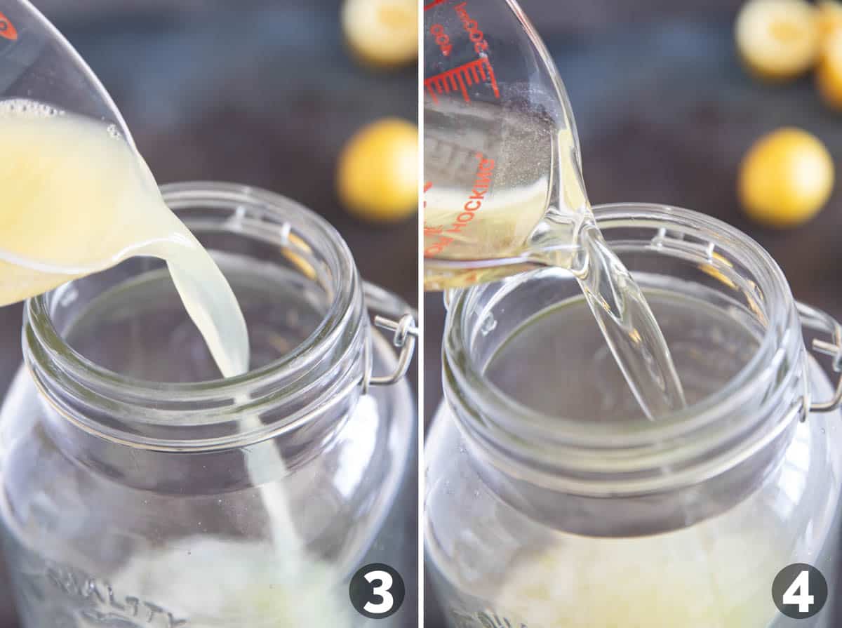 Mixing together lemon juice, water, and simple syrup for homemade lemonade.