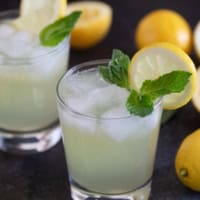 Glass of Mint and Basil Lemonade topped with fresh mint and basil.
