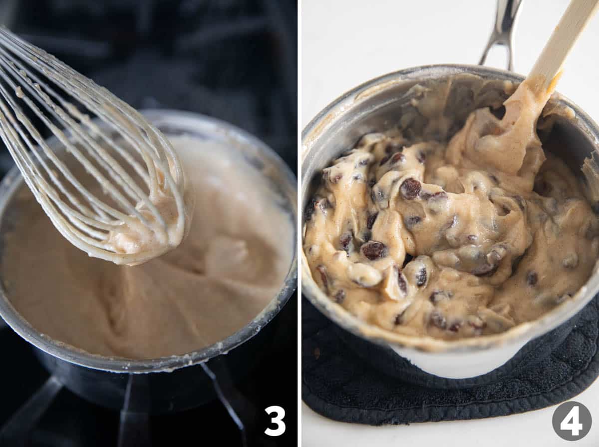 Thickening creamy center and adding raisins.