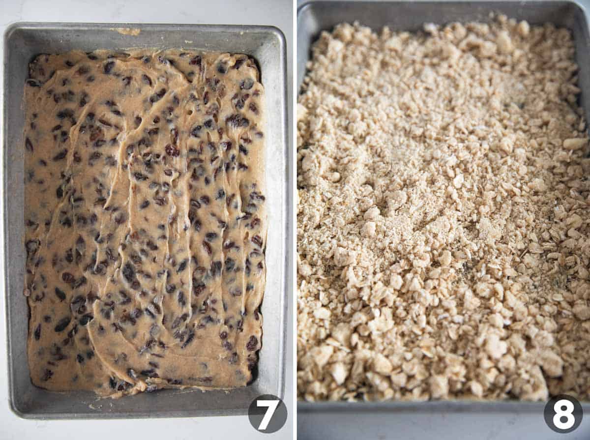Spreading raisin center over crust and adding crumb topping.