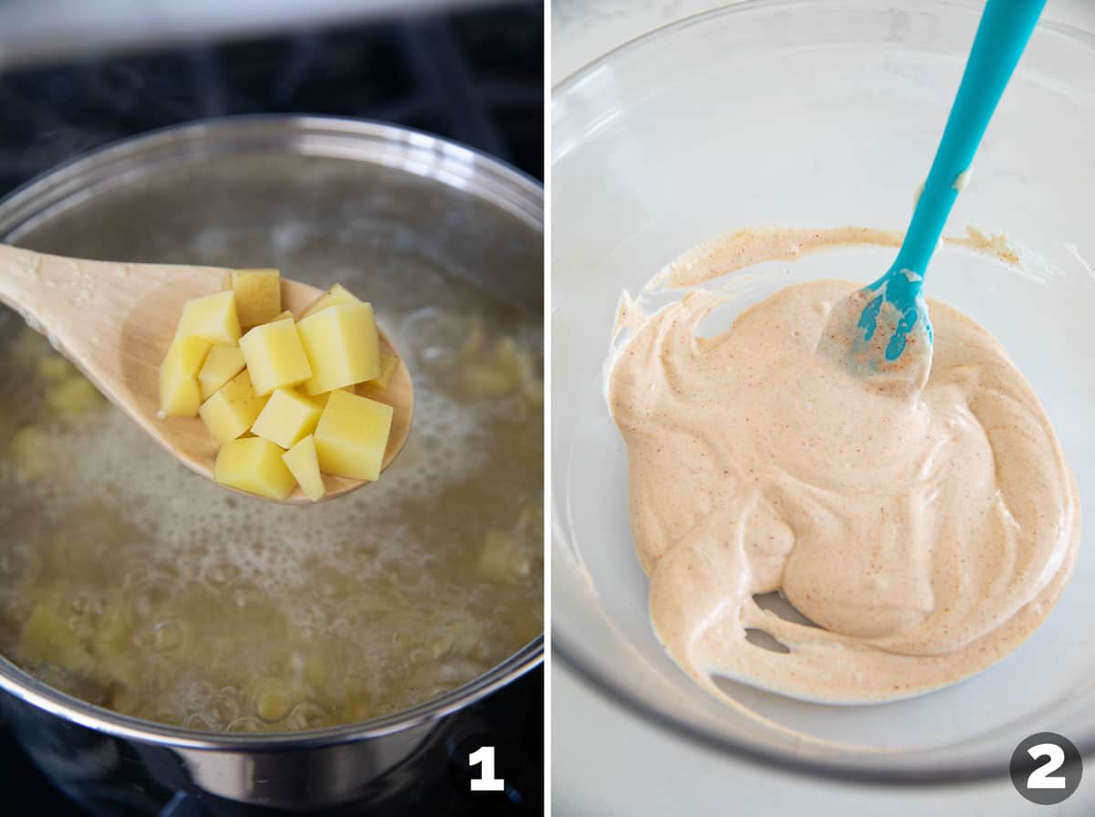 Boiling potatoes and making dressing for potato salad.