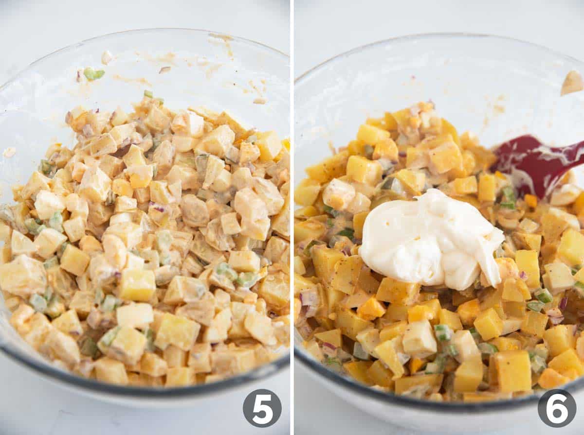 Mixing ingredients for potato salad recipe.
