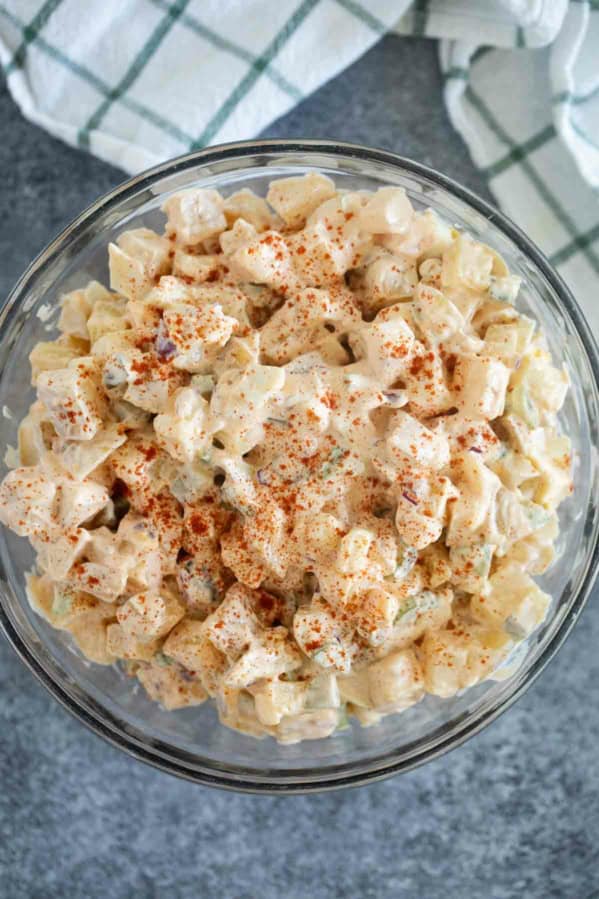 Large bowl of potato salad with smoked paprika.