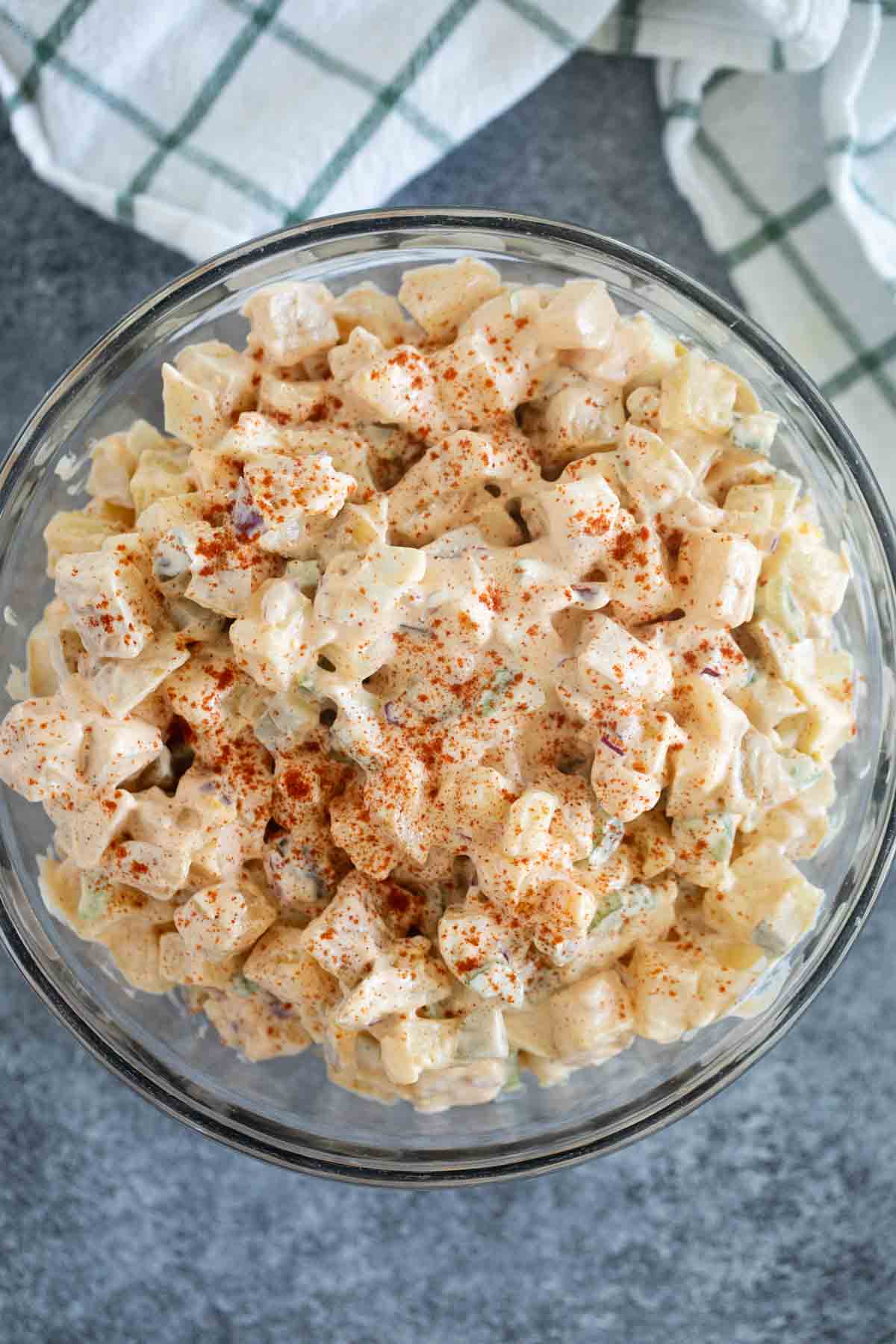 Large bowl of potato salad with smoked paprika.