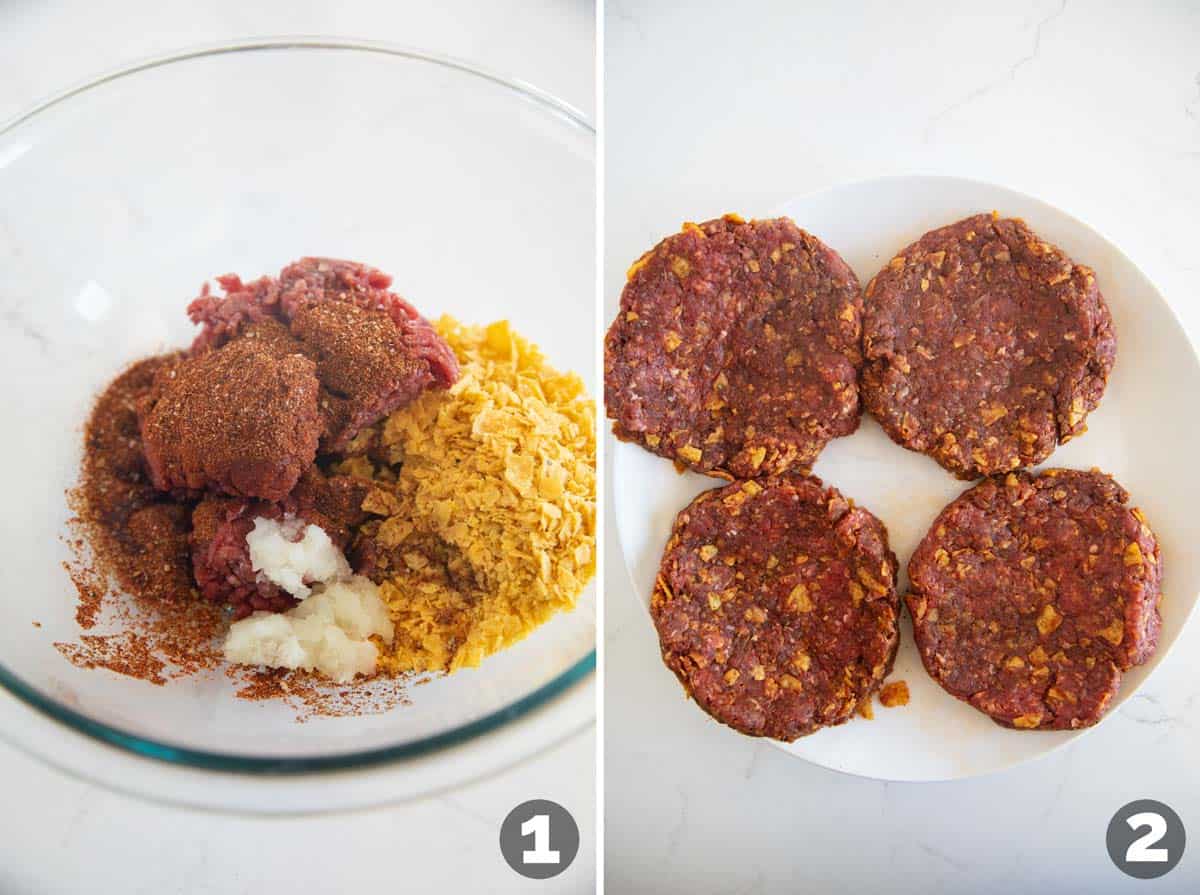 Mixing ingredients and forming patties for Taco Burgers.