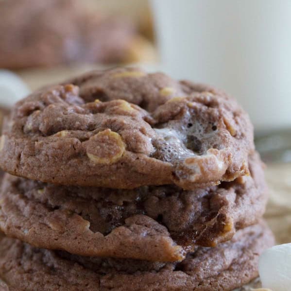 Stack of Chocolate, Peanut Butter, and Marshmallow Pudding Cookies.