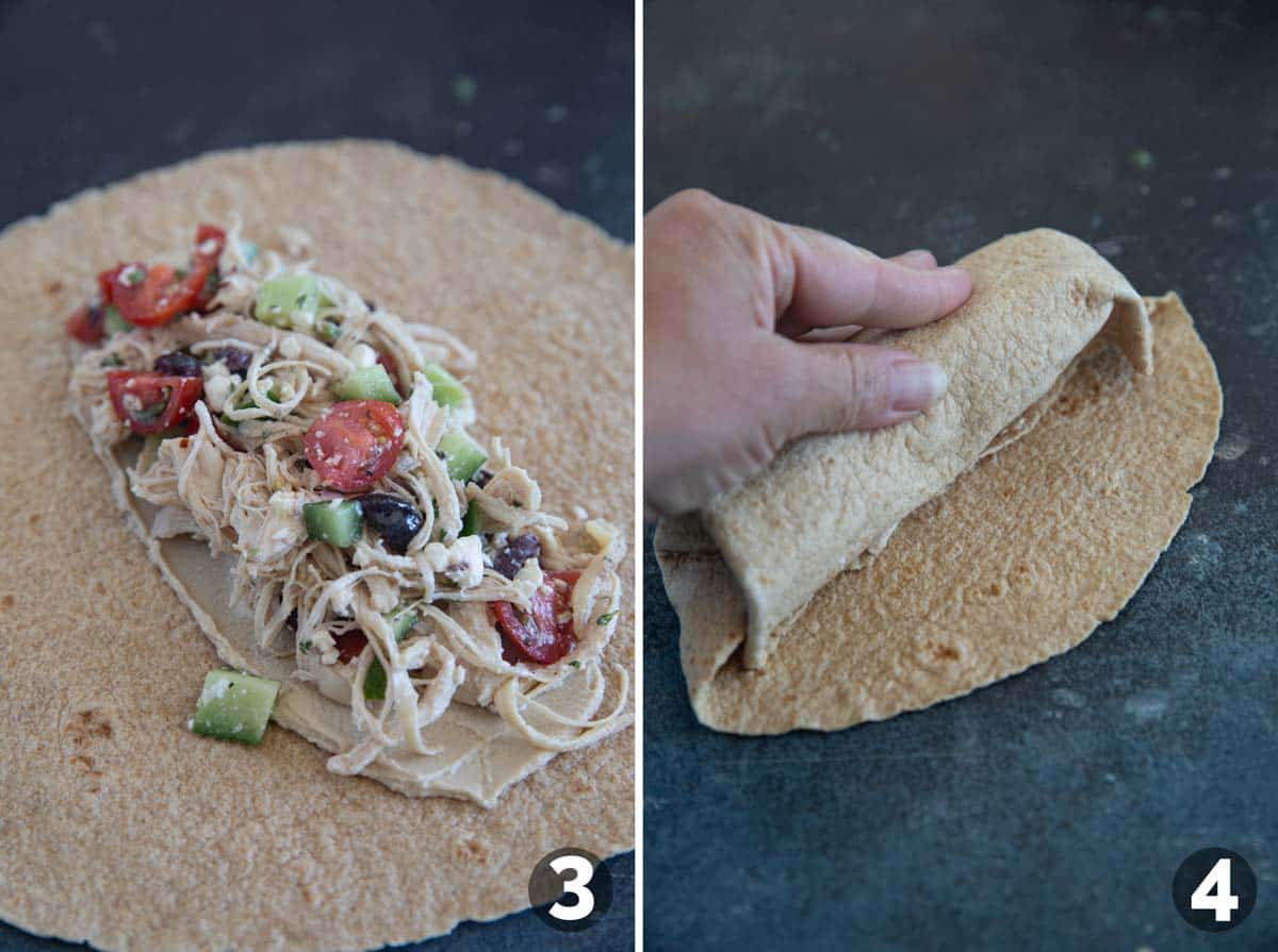 Assembling and rolling Greek Chicken Wraps.