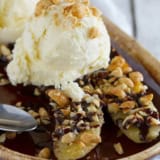 Pan Fried Banana Splits made from fresh bananas, ice cream, and chocolate sauce.