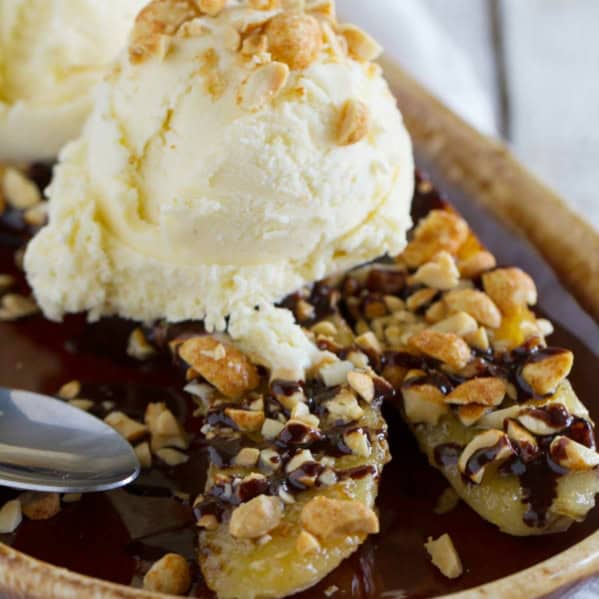 Pan Fried Banana Splits made from fresh bananas, ice cream, and chocolate sauce.