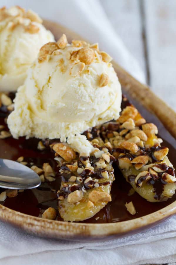 Pan Fried Banana Splits made from fresh bananas, ice cream, and chocolate sauce.