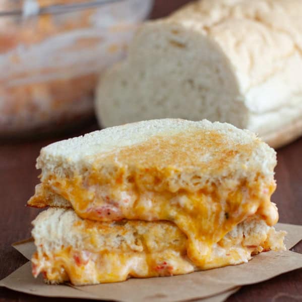Pimento Grilled Cheese sandwich cut in half, stacked on top of each other.