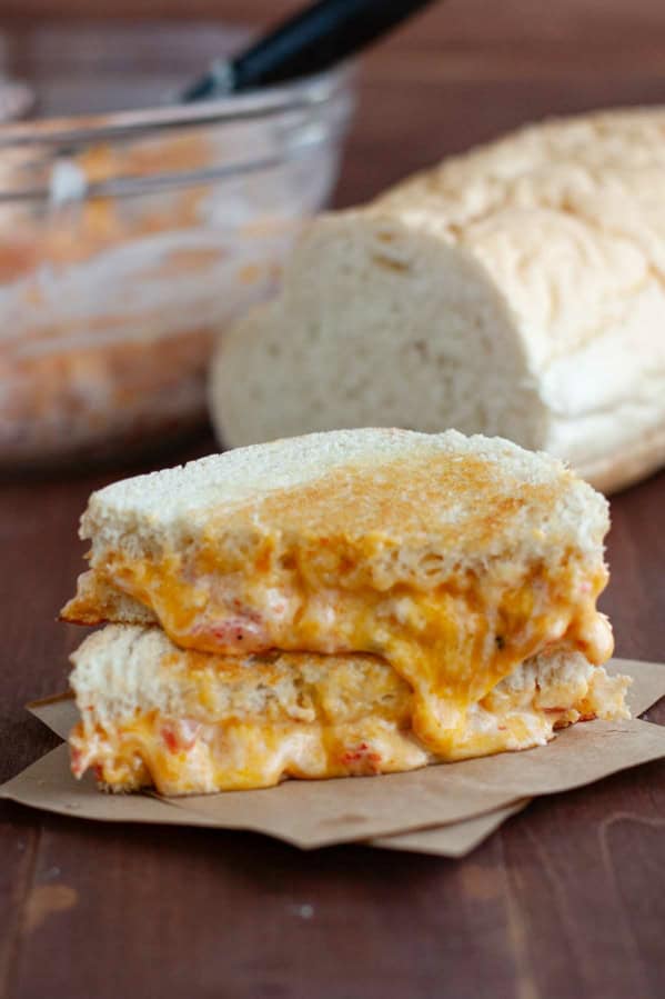 Pimento Grilled Cheese sandwich cut in half, stacked on top of each other.