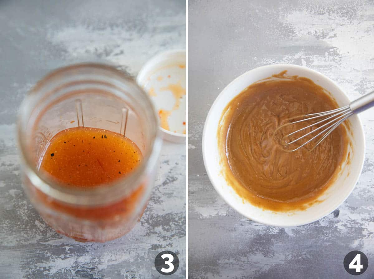 Making dressing and peanut sauce for Thai Chicken Salad.