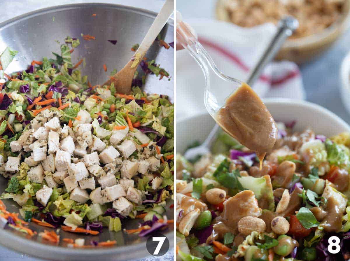 Adding chicken to a Thai Chicken Salad, and drizzling peanut sauce over the top.