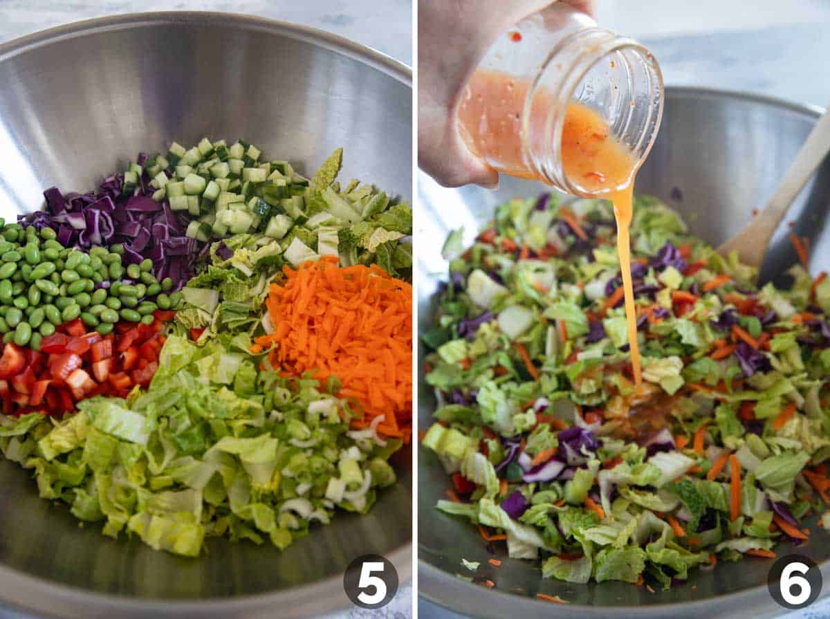 Combining ingredients and adding dressing to Thai Chicken Salad.