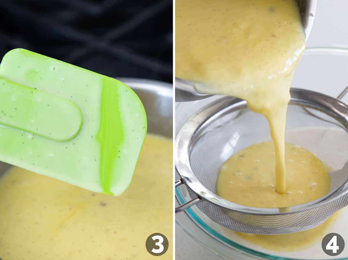 Thickening and straining custard for vanilla ice cream.