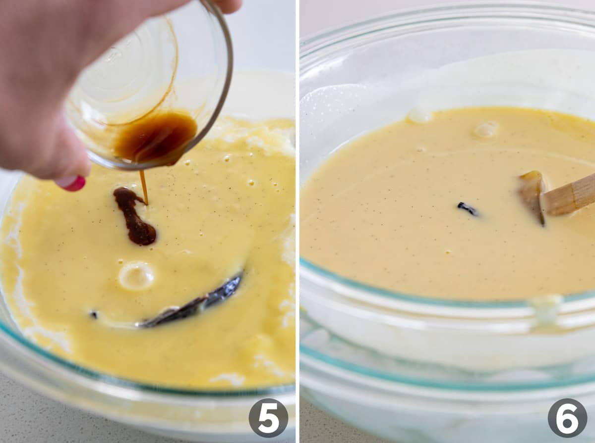 Adding vanilla and putting ice cream custard in an ice bath.