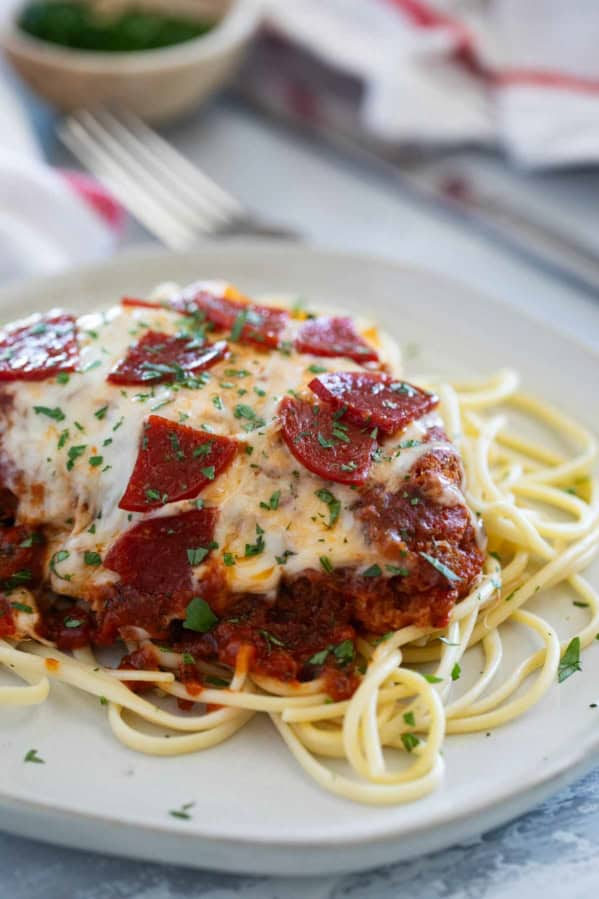 Chicken pepperoni - a take on chicken parmesan with pieces of pepperoni on top.