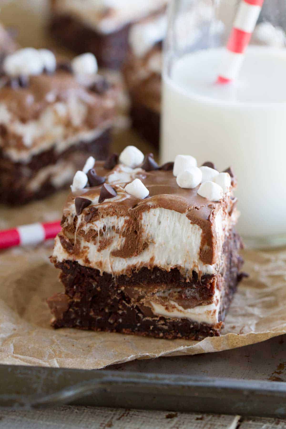 Marshmallow Coconut Brownie with a coconut brownie base, topped with marshmallows.