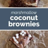 Marshmallow Coconut Brownies collage with text bar in the middle.