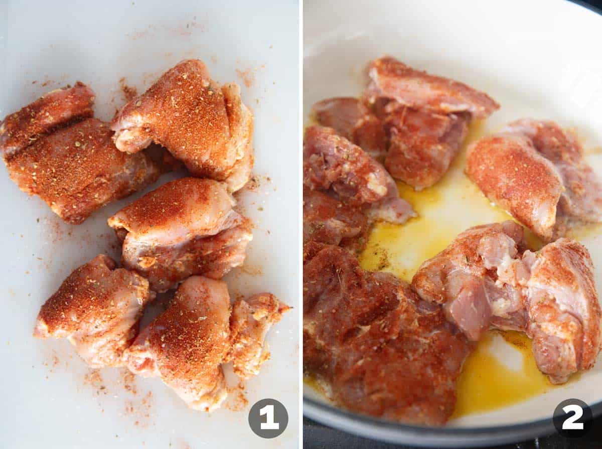 Adding spices to chicken thighs and browning them in a dish.