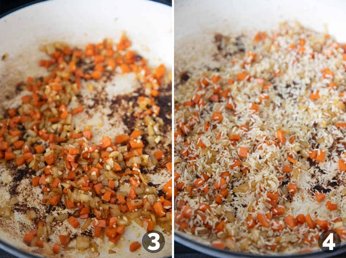 Cooking carrots and onions, and adding rice for Chicken and Rice.