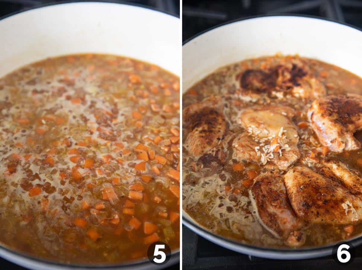 Adding broth and chicken to dish for chicken and rice.