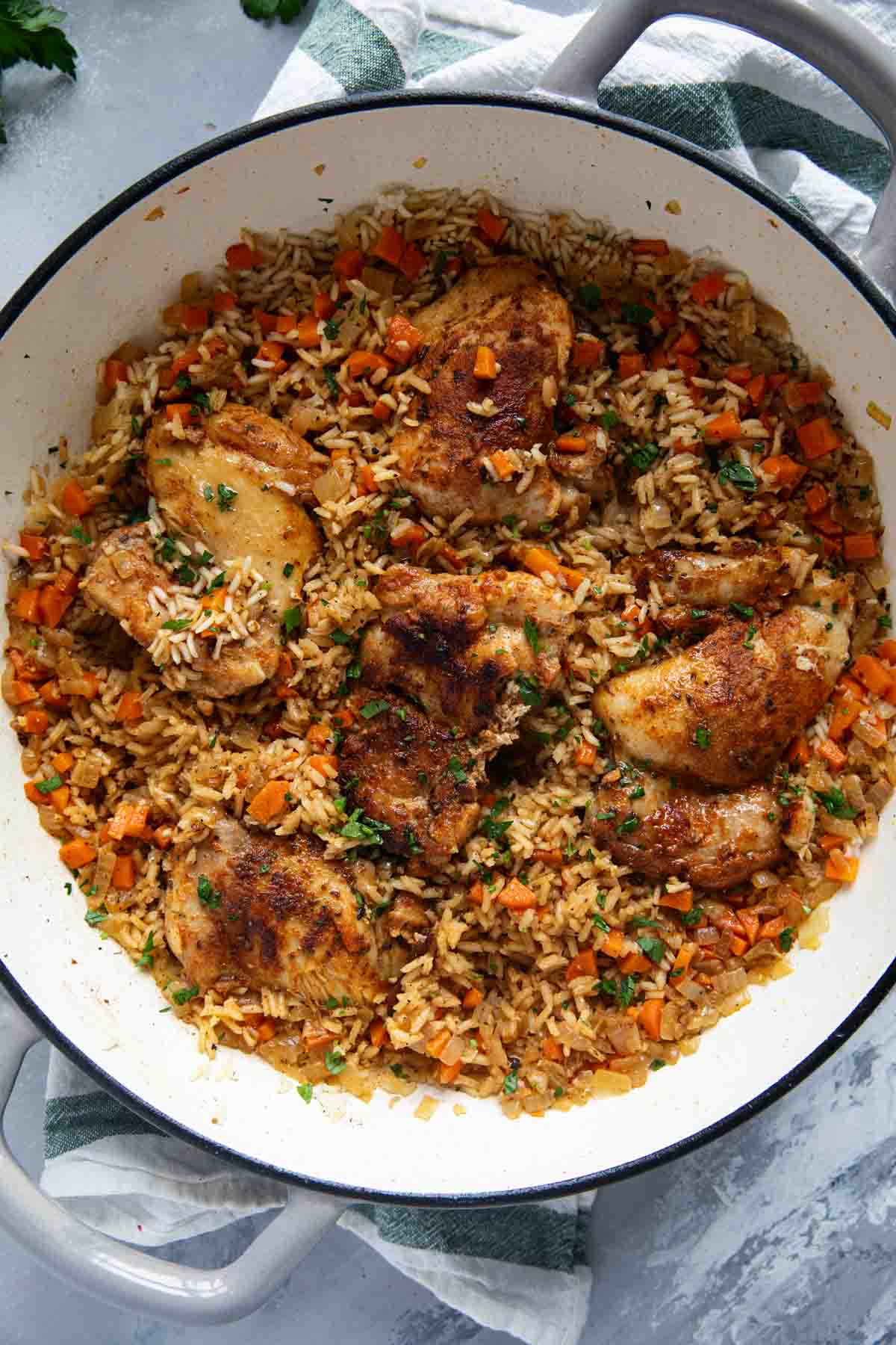 Casserole dish filled with Chicken and Rice.