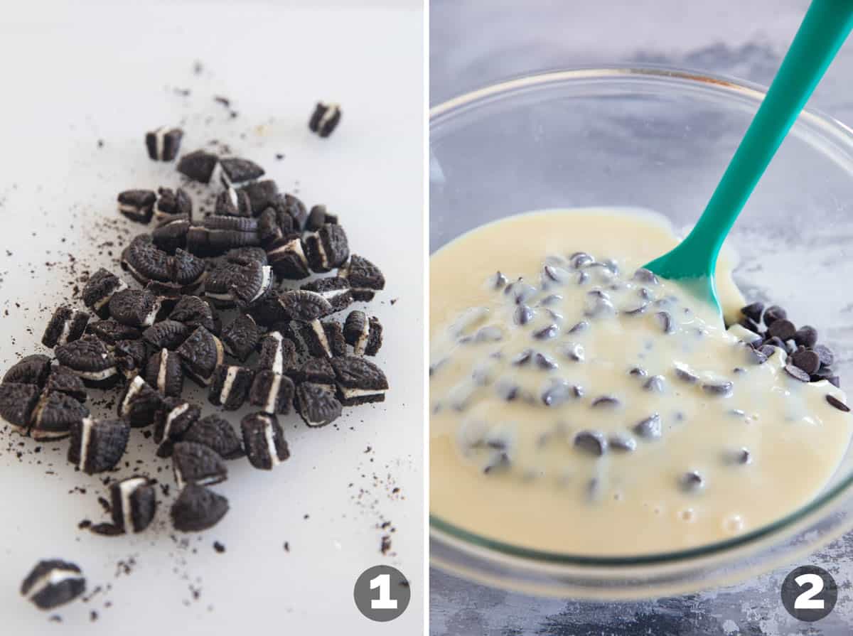 Chopping oreos, and mixing chocolate chips and sweetened condensed milk.