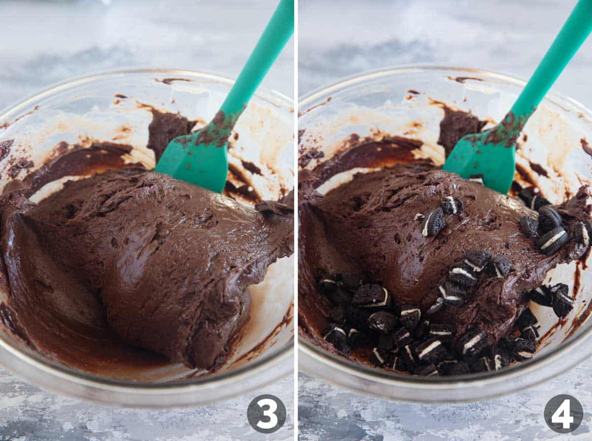 Mixing ingredients together for Oreo Fudge.