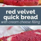 Red Velvet Quick Bread with Cream Cheese Filling collage with text bar in the middle.