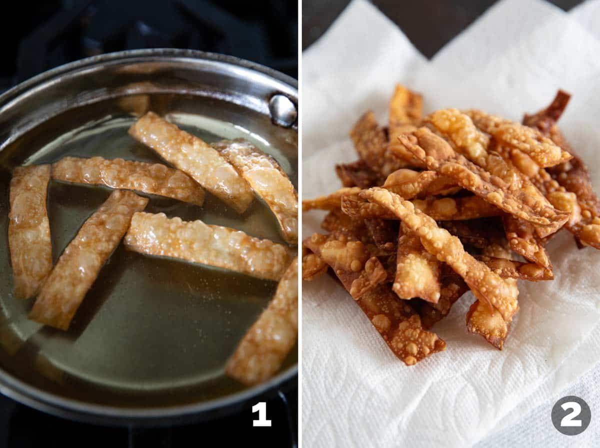 Frying wonton strips for Asian Chopped Salad.