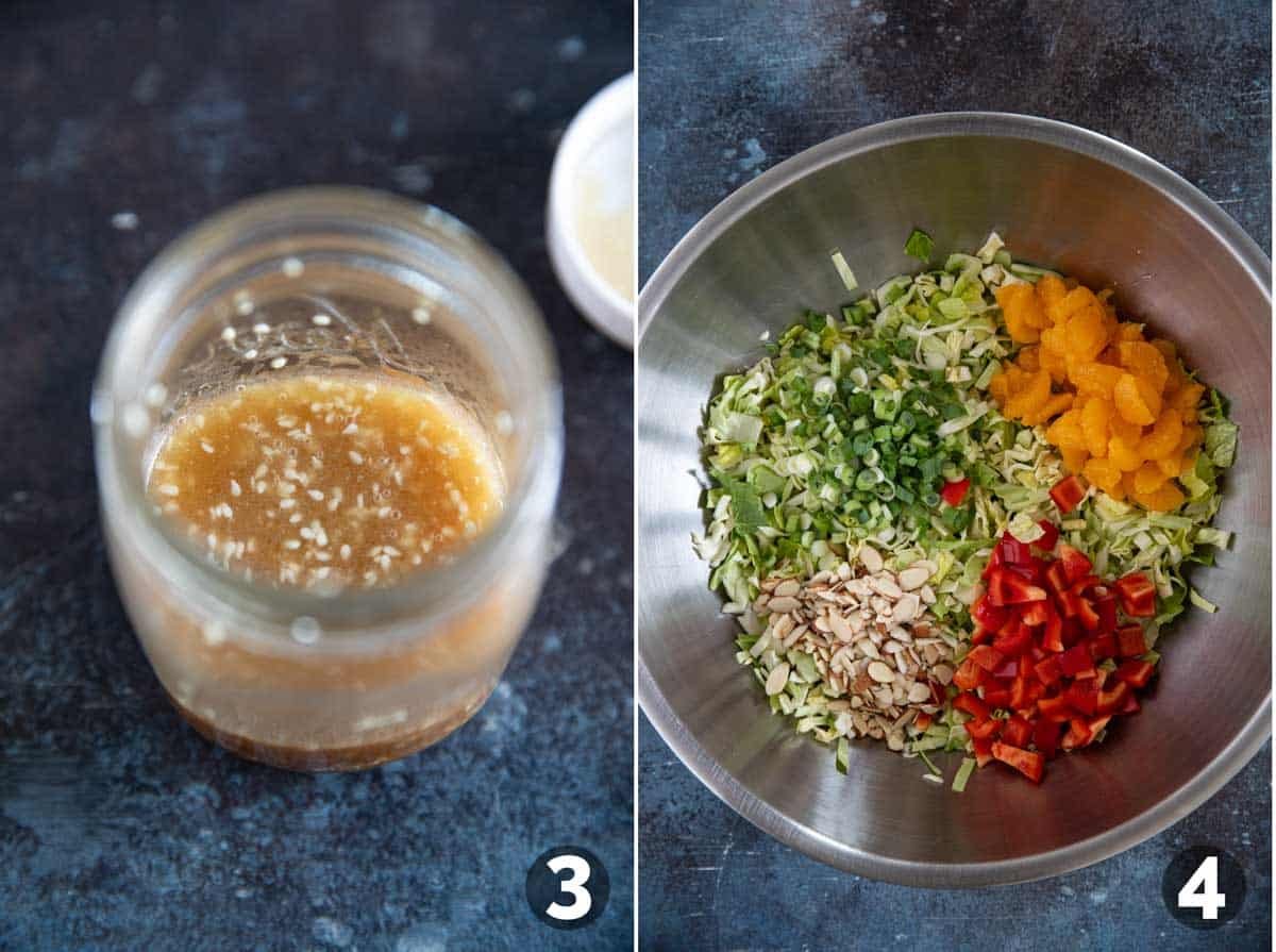Salad dressing for Asian Chopped Salad, and salad ingredients in a large bowl.