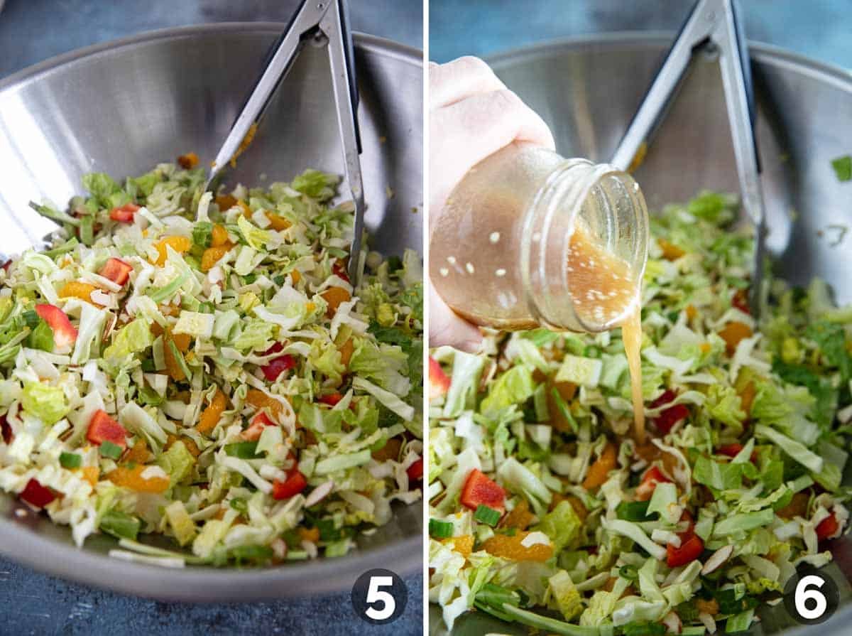Mixing ingredients for Asian Chopped Salad and adding dressing.