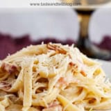 Bacon and Brie Fettuccine with text bar overlay.