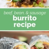Bean, Sausage, and Beef Burrito Recipe collage with text bar in the middle.