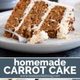 Carrot cake collage with text bar in the middle.