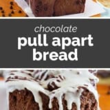 Chocolate Pull Apart Bread collage with text bar in the middle.