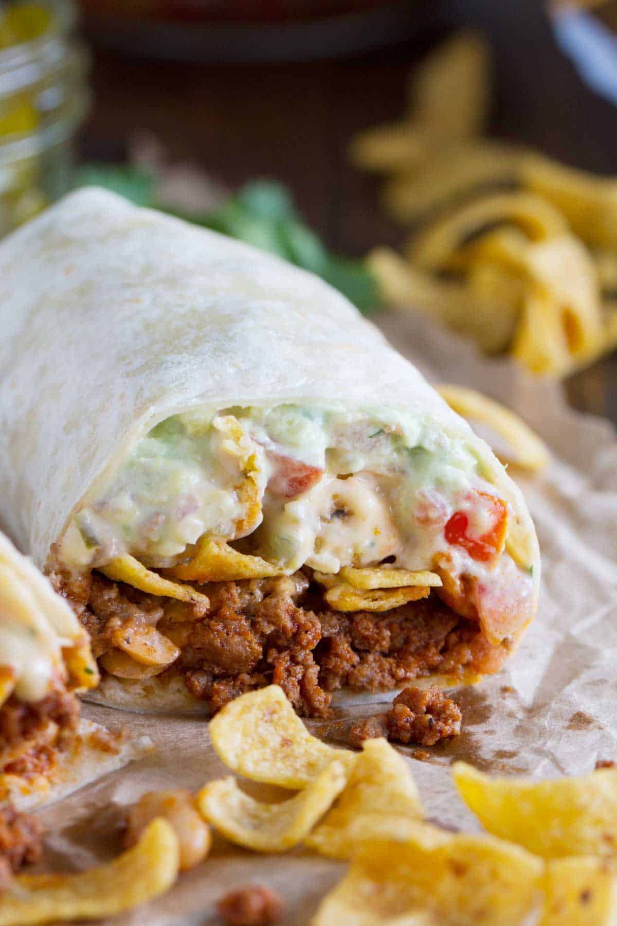Frito Pie Burrito showing filling.