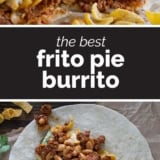 Frito Pie Burrito collage with text bar in the middle.