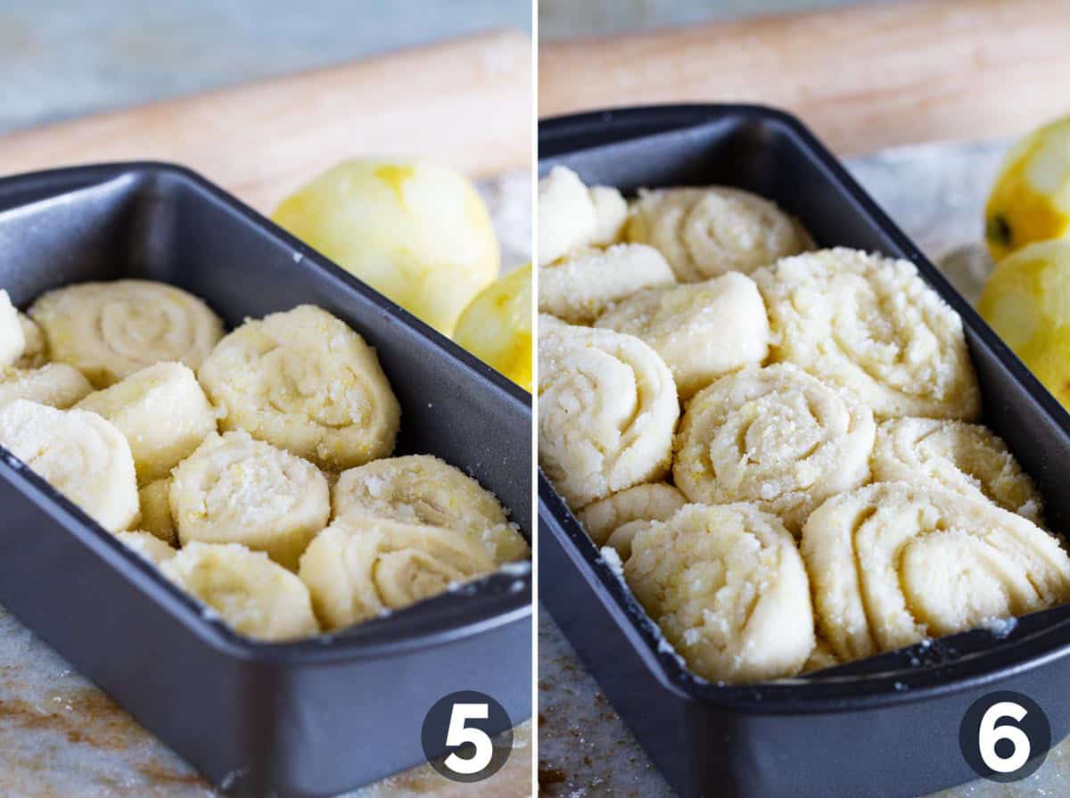 Lemon Roll Pull Apart Bread in a loaf pan rising.